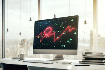 Creative abstract heart pulse hologram on modern computer monitor, online medical consulting concept. 3D Rendering