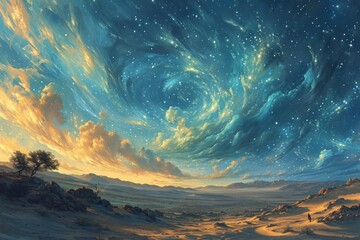 Whirling starry sandstorms, painting the desert sky with a mesmerizing celestial dance - Generative AI - obrazy, fototapety, plakaty