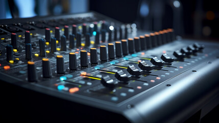 DJ studio sound console for mixing tracks and processing sounds.