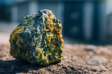 Close-up of uranium ore with sharp details against a white blurred background, emphasizing the texture and unique appearance - obrazy, fototapety, plakaty