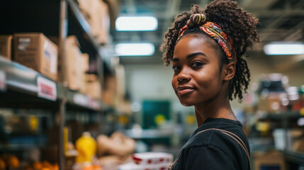 Naklejka premium African American woman shopping at grocery store, portrait of a beautiful woman