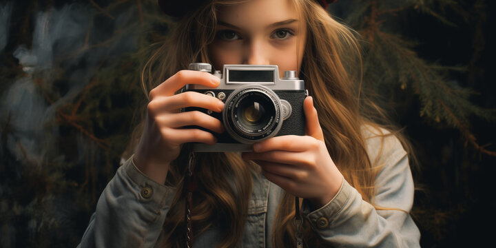 Young woman with an old analoge film camera before her