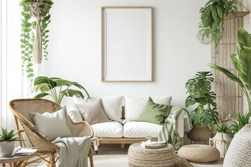Mock up frame in a large living room interior backdrop, white room with natural wooden furnishings