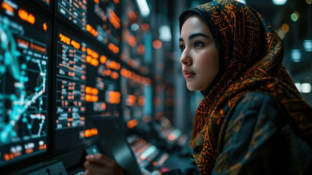 Portrait of a young muslim woman wearing hijab and looking at the monitor with stock market data.