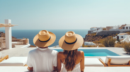 Couple is vacationing on a Greek island. A man and a woman in straw hats admire the sea.