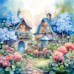 Fototapeta na wymiar Blue and pink Watercolor Hydrangea fairy village. Fairytale landscape with flower roof houses in pastel colors.