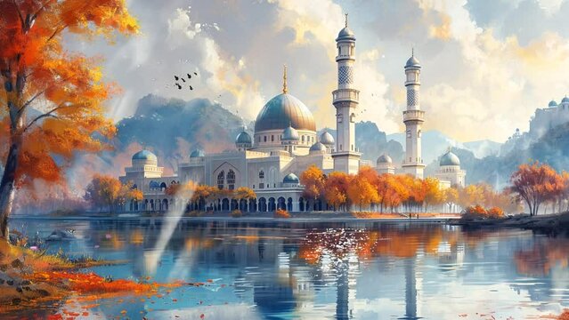 beautiful view of a mosque with Ramdan  background, cartoon illustration style. Seamless looping 4k time-lapse virtual video animation background 