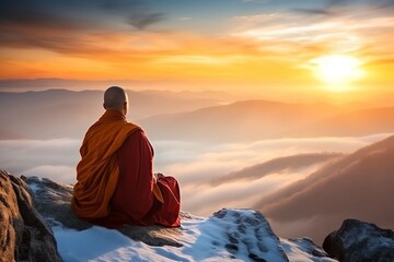 Buddhist monk meditating on a hill