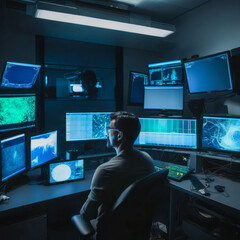 dark IT room with man looking at graphs on high-gloss computer screens