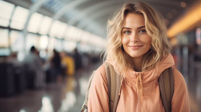 Beautiful female tourist with a backpack at the airport. Travel, vacation, adventure