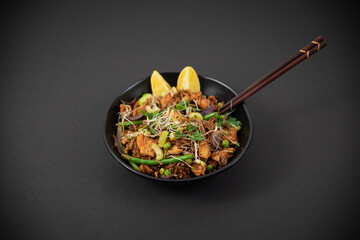 baked marinated chicken breast with soba noodles, celery, beans and parsley