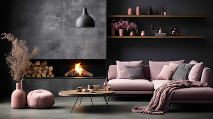 A chic modern living room with Scandinavian design, featuring a grey sofa adorned with a stylish pink pillow.