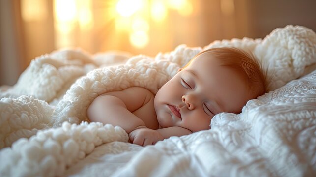 A peaceful newborn baby sleeps soundly on a soft blanket, bathed in the gentle warmth of morning sunlight.