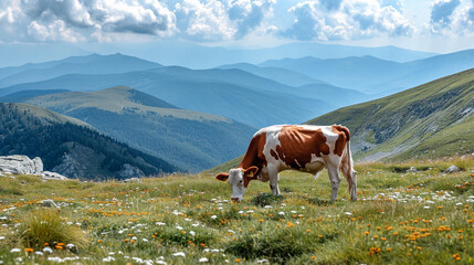 A brown cow with white spots grazing on a mountain slope - obrazy, fototapety, plakaty