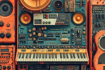 Retro Rhythms: The Vintage Vibes of Analog Audio. Keyboards, synthesizers, guitars, and more. - obrazy, fototapety, plakaty