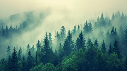 Fototapeta na wymiar A mysterious forest of fir trees in the fog