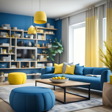 modern living room with blues and yellows