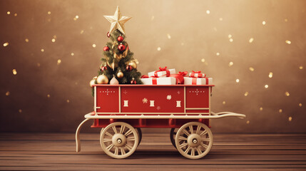 Christmas card with carriage, gifts and Christmas tree.