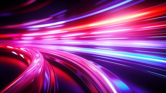 Abstract futuristic technology background with orange purple and blue neon lines on black background.	