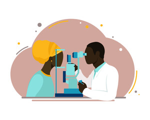 Vision correction. The patient and the doctor are Africans. Ophthalmology. flat.