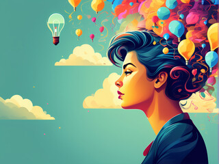 Balloons add a touch of whimsy to the illustration featuring a stylish girl surrounded by elements of beauty, nature, and fashion, showcasing a vibrant and glamorous scene with flowers, butterflies, a