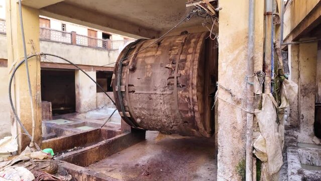 Leather washing machine in tannery workshop placed in Fez, Morocco. The first step is to soak the raw hides or skins in water.