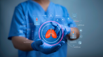 A medical worker touch virtual Holograms Lung organ human.HUD interface hologram. Innovative health care analysis of AI technology digital hi tech.Modern treatment future medicine..