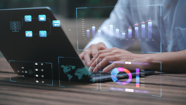 Analyst working with Business Analytics and Data Management System on computer to make report with KPI metrics connected to database. Corporate strategy for finance operations sales marketing