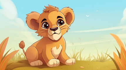 copy space, cute birthday card, sweet handdrawn cartoon style, a very sweet cute lion cub lying in the grass. Beautiful illustration for a children’s book, napkins, nursery. Wildlife, animal theme ill