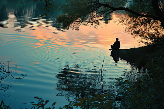 A person is seated by the water's edge and the serene atmosphere.