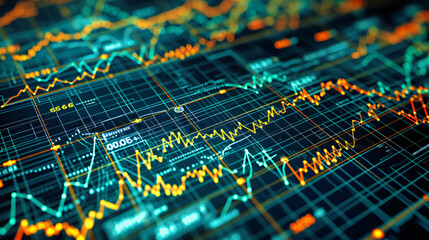 Financial graph and chart display, illustrating stock market trends, trade, and economic analysis.