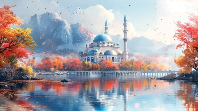 beautiful view of a mosque with Ramdan  background, cartoon illustration style. Seamless looping 4k time-lapse virtual video animation background 