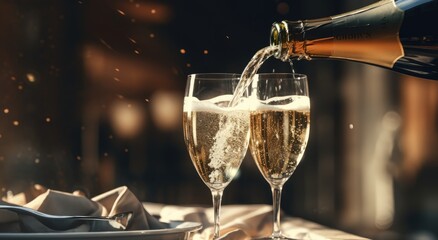 A bottle of champagne elegantly pours its effervescent essence into a crystal-clear glass, creating a moment of celebration and luxury. - obrazy, fototapety, plakaty