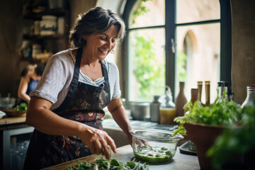 Smiling woman preparing salad in rustic kitchen setting
