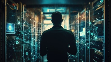 Obraz premium Man analyzing network data on digital screen in server room