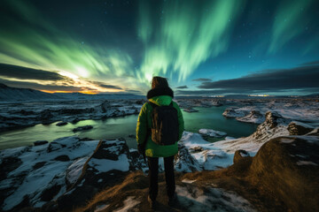 Traveler witnessing aurora borealis in icy terrain at dusk