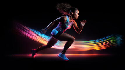 Dynamic female runner with colorful motion trails on dark background