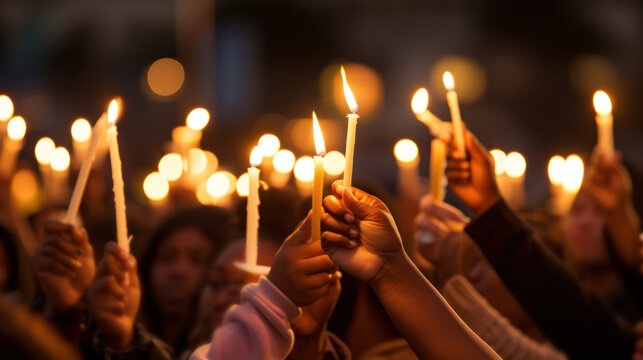Crowd holding candles at night during outdoor event