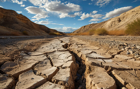 Drought-Ridden Landscapes cracked earth, dried-up riverbeds, and withered vegetation,  the harsh impact of climate-related water scarcity.