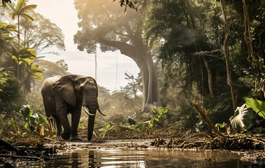 Elephant affected by habitat loss, deforestation, or changing ecosystems - obrazy, fototapety, plakaty