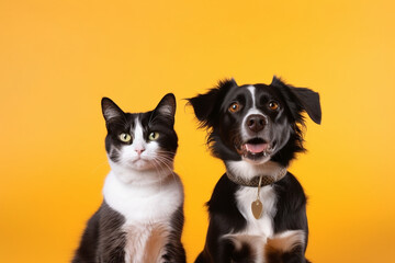 Funny cat and funny dog are seat on color background.
