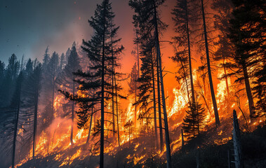  intensity of wildfires ravaging forests capturing the towering flames, billowing smoke