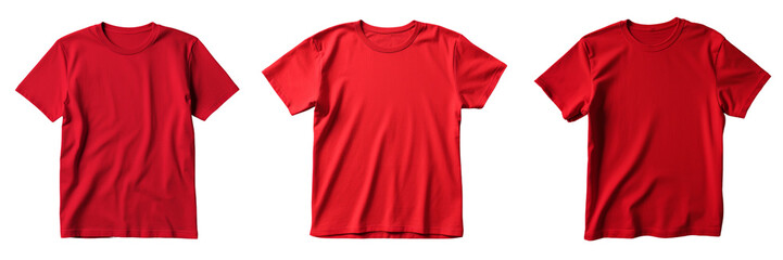Set of plain red color t-shirt template front view mock up isolated on a transparent background