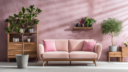 A chic modern living room with Scandinavian design elements, featuring a pink velvet loveseat sofa, wooden cabinet, and a potted houseplant against a venetian stucco wall. 