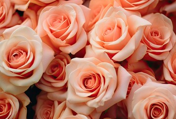 A close-up of a bouquet featuring pink and orange roses set against a background with a peach fuzz color tone.