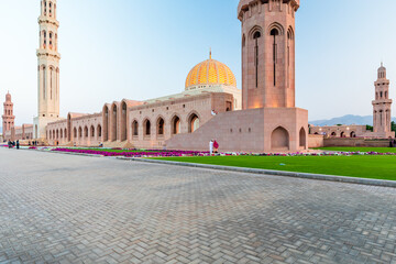 The Sultan Qaboos Grand Mosque view in golden hour