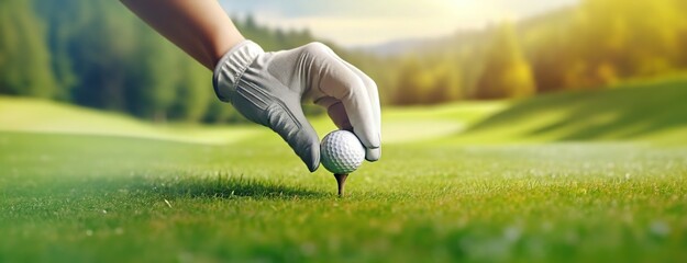 A golfer's hand placing a golf ball on a tee on a sunny, lush green course. Preparation for the start of the game. Panorama with copy space. - obrazy, fototapety, plakaty