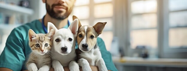 Veterinary professional holding a kitten and two puppies, with a blurred background. Doctor in veterinary clinic with animals. Panorama with copy space.