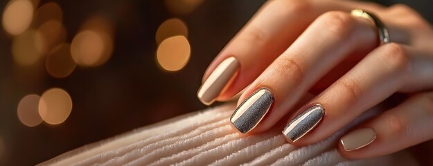 Close-up of female hand with metallic nail polish. Perfect manicure. Panorama with copy space. - obrazy, fototapety, plakaty