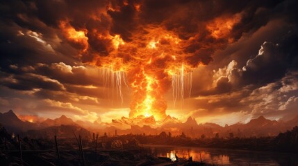An intense depiction of a futuristic nuclear explosion against a dark background, illustrating a dramatic and ominous scene. - obrazy, fototapety, plakaty